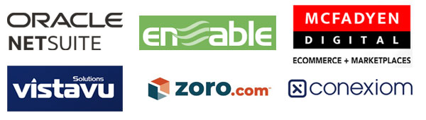 Oracle/NetSuite, Enable.com, McFadyen Digital - eCommerce & Marketplaces, Vistavu Solutions, Zoro.com, and Conexiom Logos 